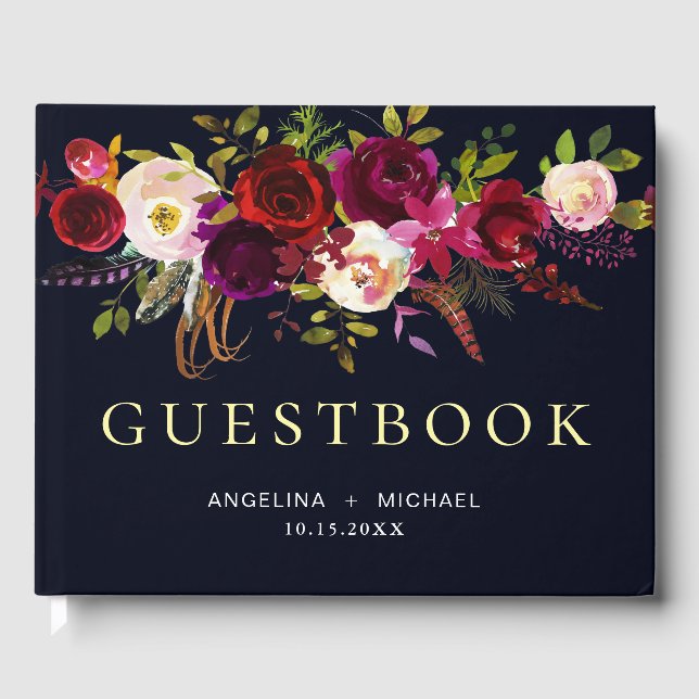 Elegant Burgundy Navy Blue Bohemian Floral Wedding Guest Book (Front)