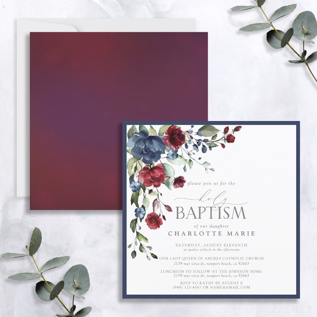 Elegant Burgundy Navy Blue Floral Baptism Invitation (Creator Uploaded)