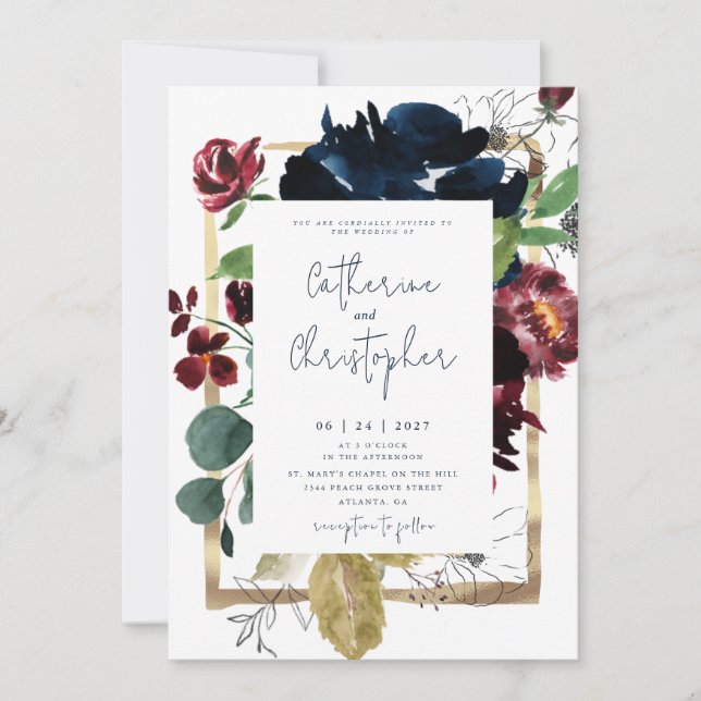 Elegant Burgundy Navy Blue Floral Garden Wedding Invitation (Front)