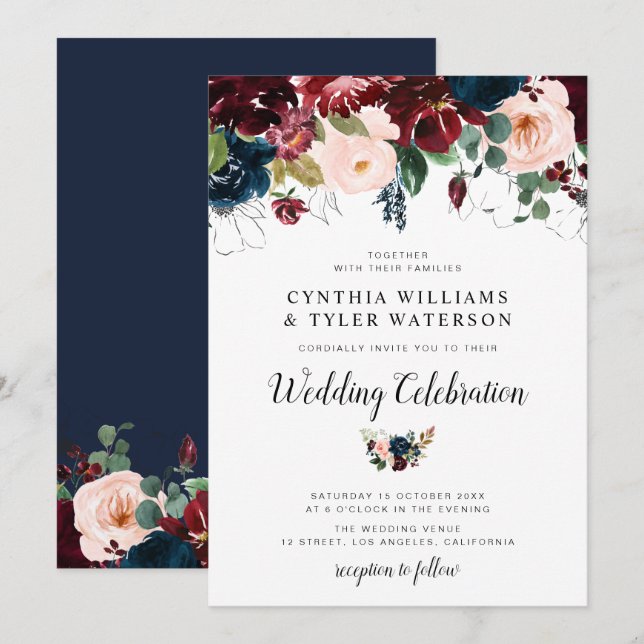 Elegant burgundy & Navy blue floral wedding Invitation (Front/Back)