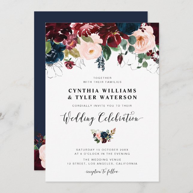 Elegant burgundy & Navy blue floral wedding Invitation (Front/Back)