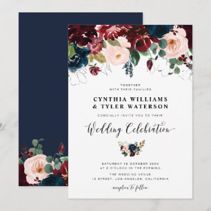 Elegant burgundy & Navy blue floral wedding Invitation