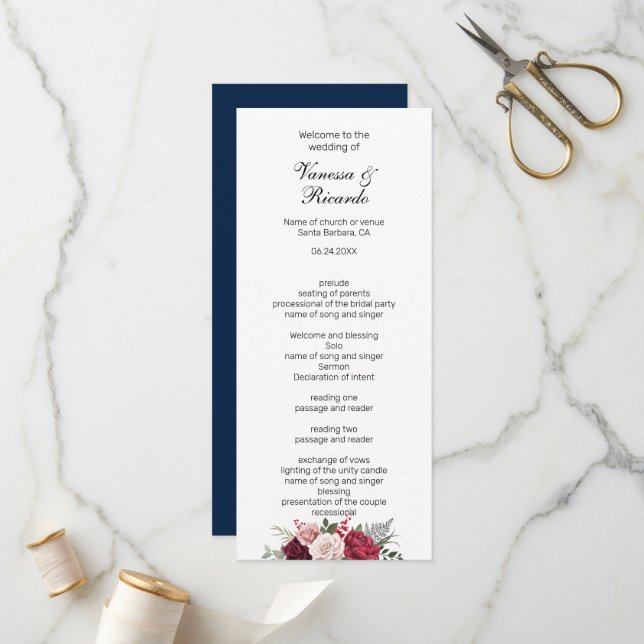 Elegant burgundy Navy Blue Floral Wedding program (Front/Back In Situ)