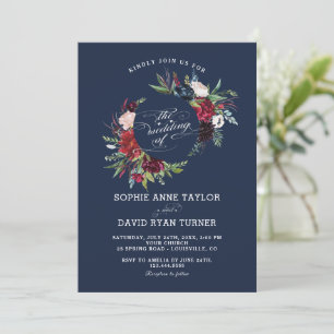 Elegant Burgundy Navy Blue Floral Wreath Wedding Invitation