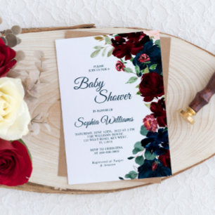Elegant Burgundy & Navy Blue Flowers Baby Shower Invitation