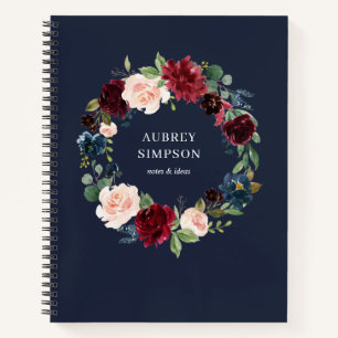 Elegant Burgundy Navy Blue Flowers Notebook
