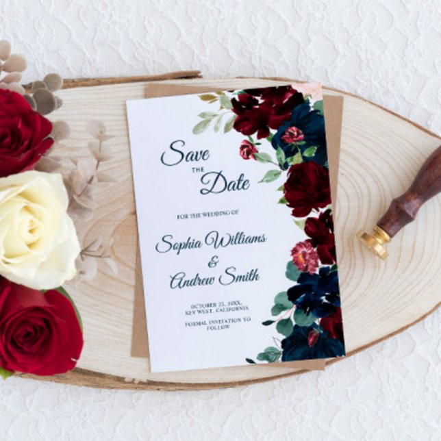 Elegant Burgundy & Navy Blue Flowers Save the Date (Creator Uploaded)