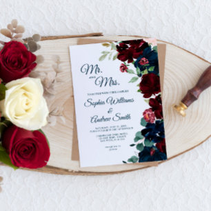 Elegant Burgundy & Navy Blue Flowers Wedding Invitation