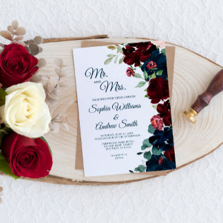 Elegant Burgundy & Navy Blue Flowers Wedding Invitation
