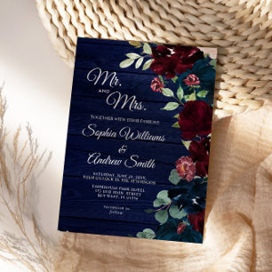 Elegant Burgundy & Navy Blue Flowers Wood Wedding  Invitation