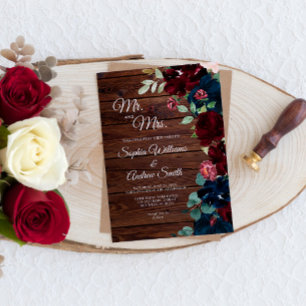 Elegant Burgundy & Navy Blue Flowers Wood Wedding Invitation