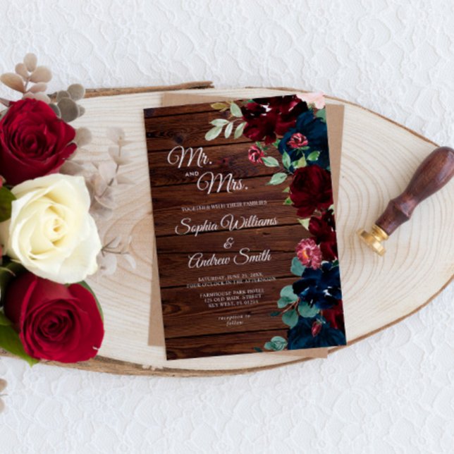 Elegant Burgundy & Navy Blue Flowers Wood Wedding Invitation (Creator Uploaded)