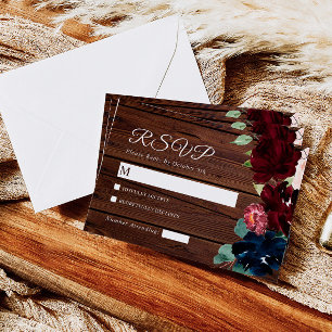 Elegant Burgundy & Navy Blue Flowers Wood Wedding  RSVP Card