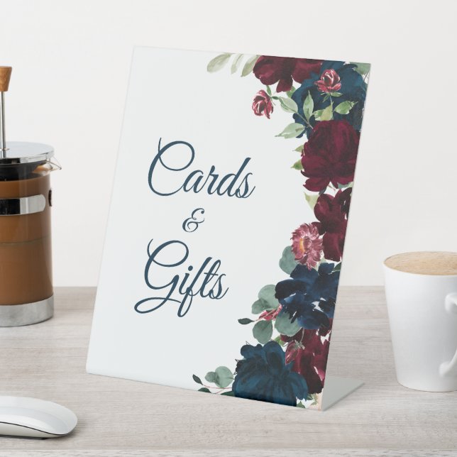 Elegant Burgundy & Navy Blue Shower Cards & Gifts Pedestal Sign (In SItu)