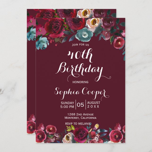 Elegant Burgundy Navy Floral 40th Birthday Party Invitation (Front/Back)