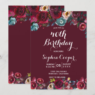 Elegant Burgundy Navy Floral 40th Birthday Party Invitation