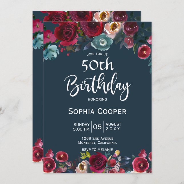 Elegant Burgundy Navy Floral 50th Birthday Party Invitation (Front/Back)