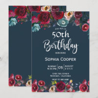 Elegant Burgundy Navy Floral 50th Birthday Party
