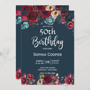 Elegant Burgundy Navy Floral 50th Birthday Party Invitation