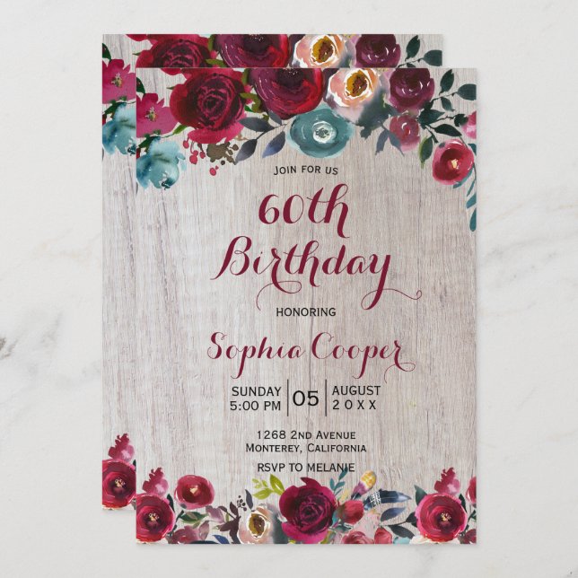 Elegant Burgundy Navy Floral 60th Birthday Party Invitation (Front/Back)