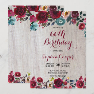 Elegant Burgundy Navy Floral 60th Birthday Party Invitation