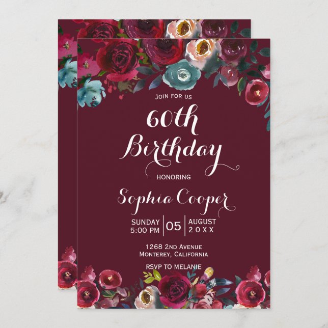 Elegant Burgundy Navy Floral 60th Birthday Party Invitation (Front/Back)