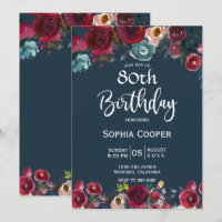 Elegant Burgundy Navy Floral 80th Birthday Party