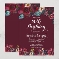 Elegant Burgundy Navy Floral 80th Birthday Party