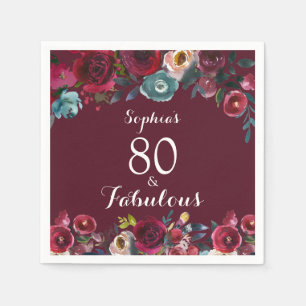 Elegant Burgundy Navy Floral 80th Birthday Party Napkin