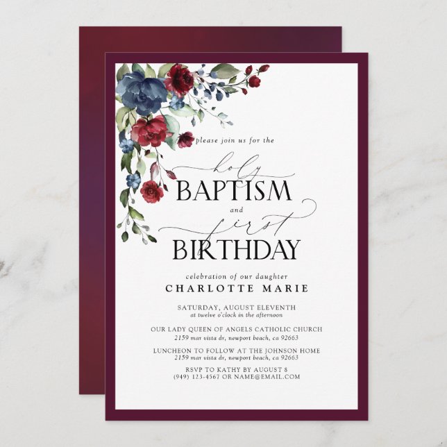 Elegant Burgundy Navy Floral Baptism 1st Birthday Invitation (Front/Back)
