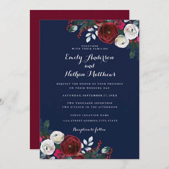 Elegant Burgundy Navy Floral Christmas Wedding Invitation (Front/Back)
