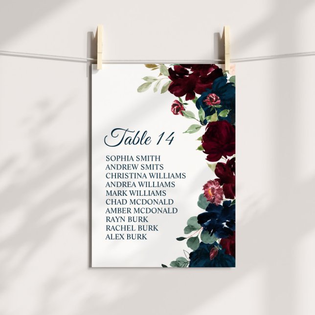 Elegant Burgundy & Navy Floral Seating Chart Cards (Creator Uploaded)