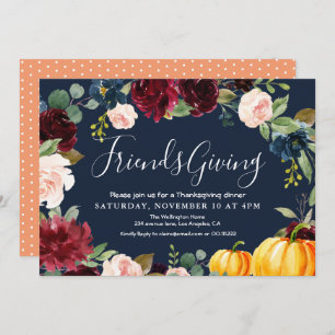 Elegant burgundy navy floral thanksgiving dinner invitation