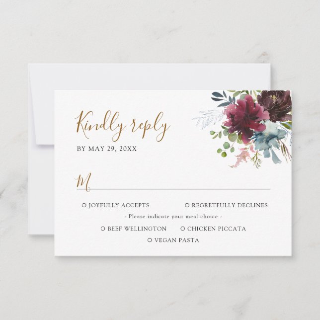 Elegant Burgundy Navy Florals with Meal Options RSVP Card (Front)