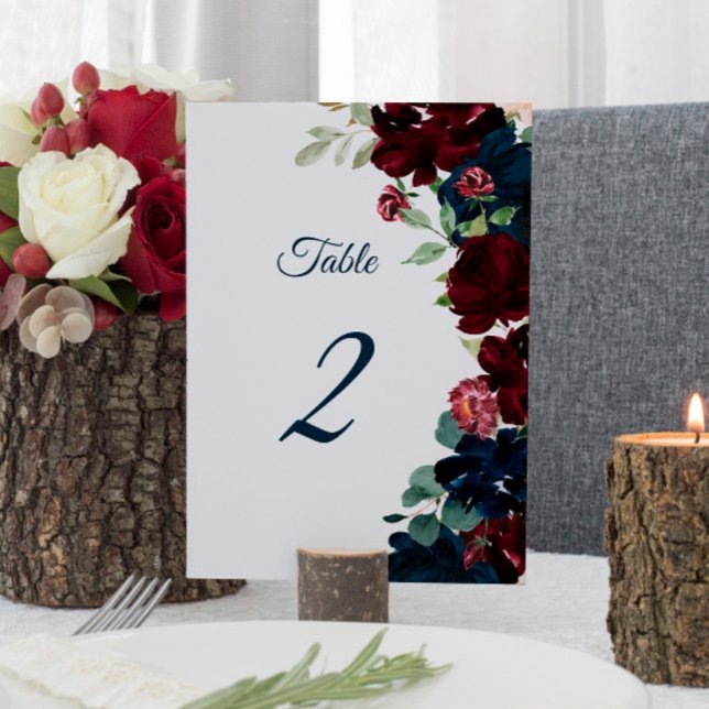 Elegant Burgundy & Navy Flowers Table 2 Wedding Table Number (Creator Uploaded)