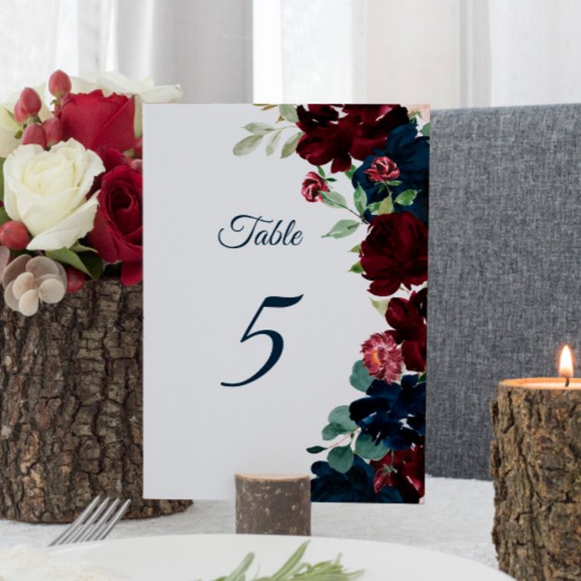 Elegant Burgundy & Navy Flowers Table 5 Wedding  Table Number (Creator Uploaded)