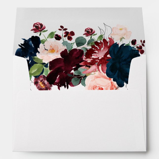 Elegant Burgundy Navy Lined Floral Garden Wedding Envelope (Back (Bottom))