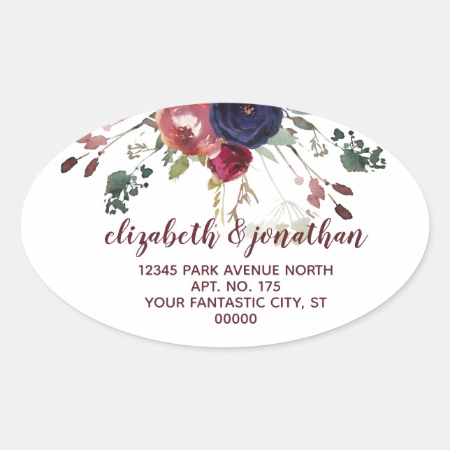 Elegant Burgundy Navy Rose Gold Return Address Oval Sticker (Front)