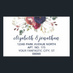 Elegant Burgundy Navy Rose Gold Return Address Rectangular Sticker<br><div class="desc">Personalise this elegant and modern floral wedding return address label featuring watercolor burgundy, navy, and rose gold flowers and greenery, with your own names in navy hand lettered script, for ease in mailing your wedding invitations, announcement, and thank you notes. These modern wedding stickers can be used on the backs...</div>
