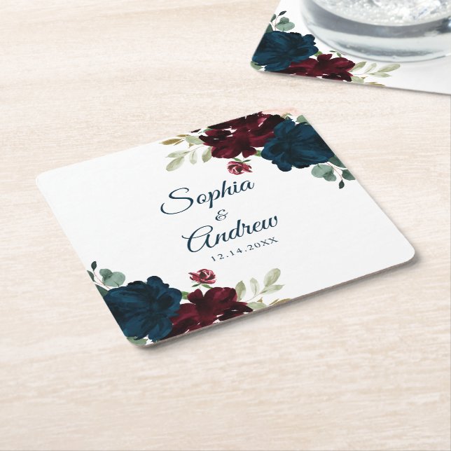 Elegant Burgundy & Navy Rustic Wood Wedding Square Paper Coaster (Angled)