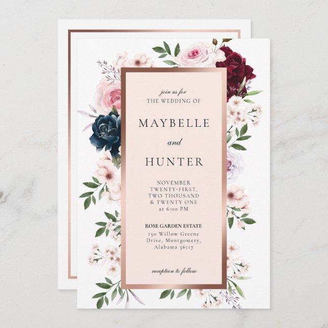 Elegant Burgundy & Navy Watercolor Floral Frame Invitation (Front/Back)