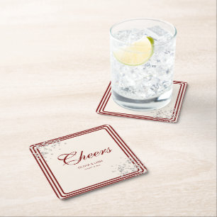 Elegant Burgundy Old Money Striped Cheers Wedding Square Paper Coaster