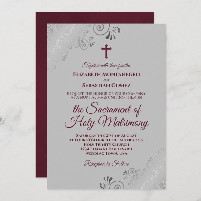 Elegant Burgundy on Grey Modern Catholic Wedding Invitation (Front/Back)