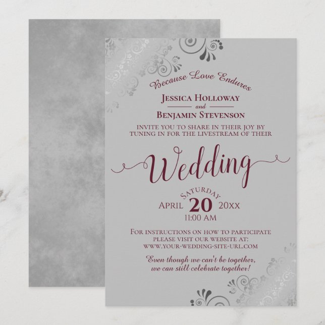 Elegant Burgundy on Grey Wedding Livestream Invitation (Front/Back)