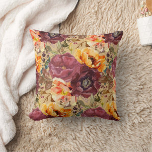 Elegant Burgundy Orange Autumn Flowers  Cushion