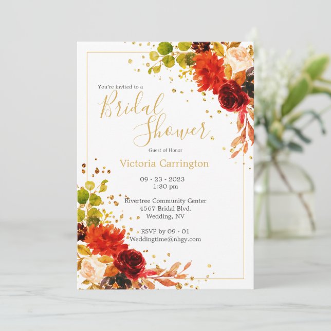 Elegant Burgundy Orange Floral  Customise Bridal Invitation (Standing Front)