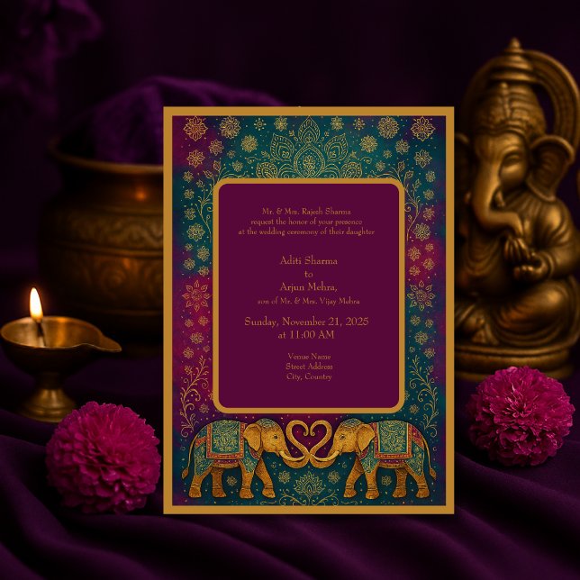 Elegant burgundy oriental elephant mandala Wedding Invitation (Creator Uploaded)