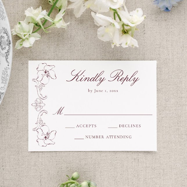 Elegant Burgundy Ornate Floral Frame Wedding RSVP Card (Creator Uploaded)