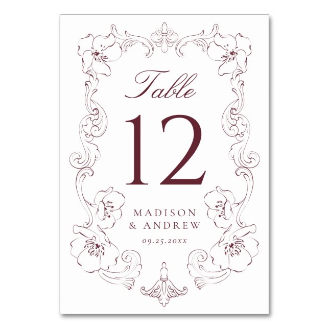 Elegant Burgundy Ornate Floral Frame Wedding Table Number (Front)