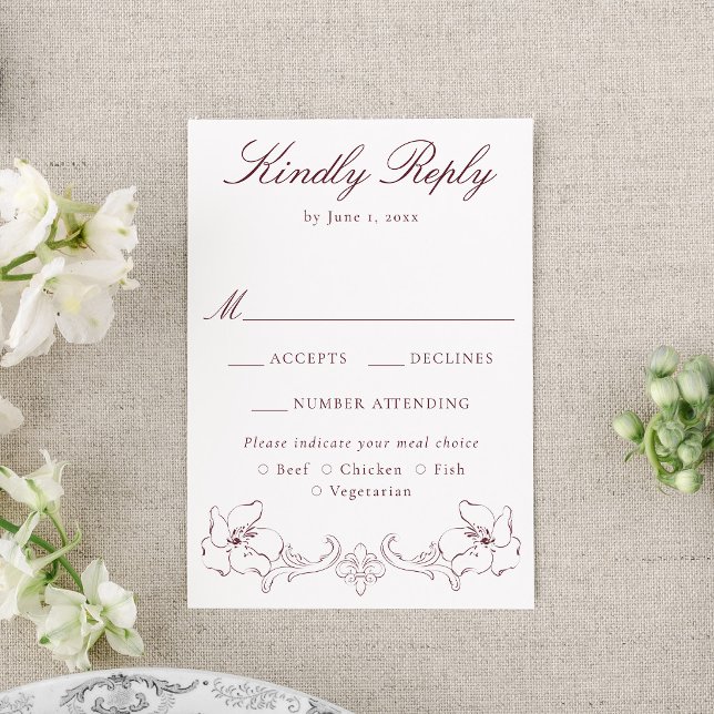 Elegant Burgundy Ornate Floral Wedding RSVP Card (Creator Uploaded)